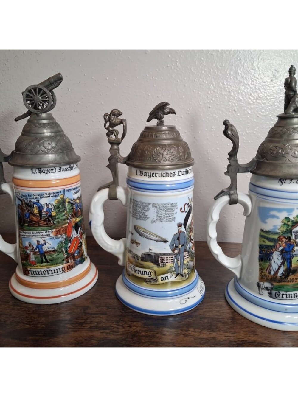 Set of 3 German Military Regimental Beer Steins Pewter Lids Lithophane Bavaria